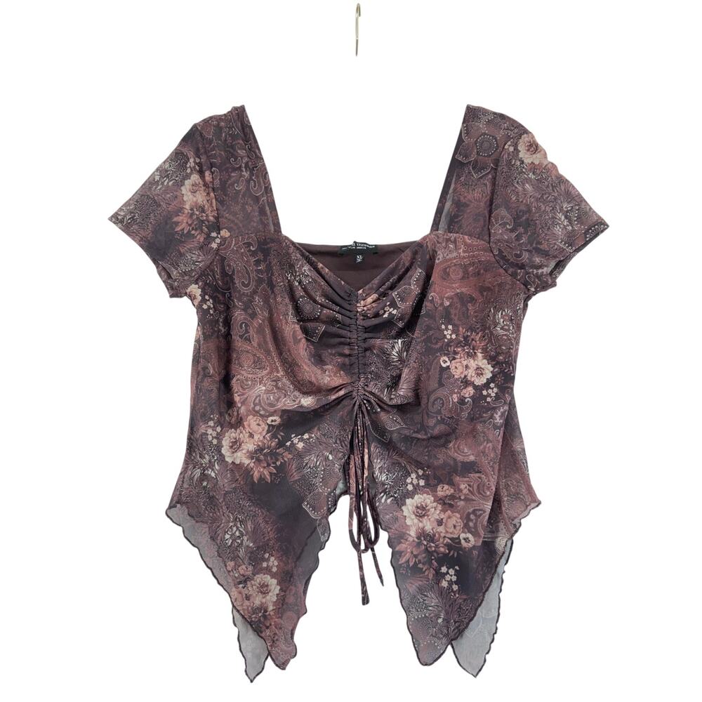 Y2K fairycore Paisley Floral Mesh Handkerchief Top Boho XL Ruched Front - Picture 4 of 7